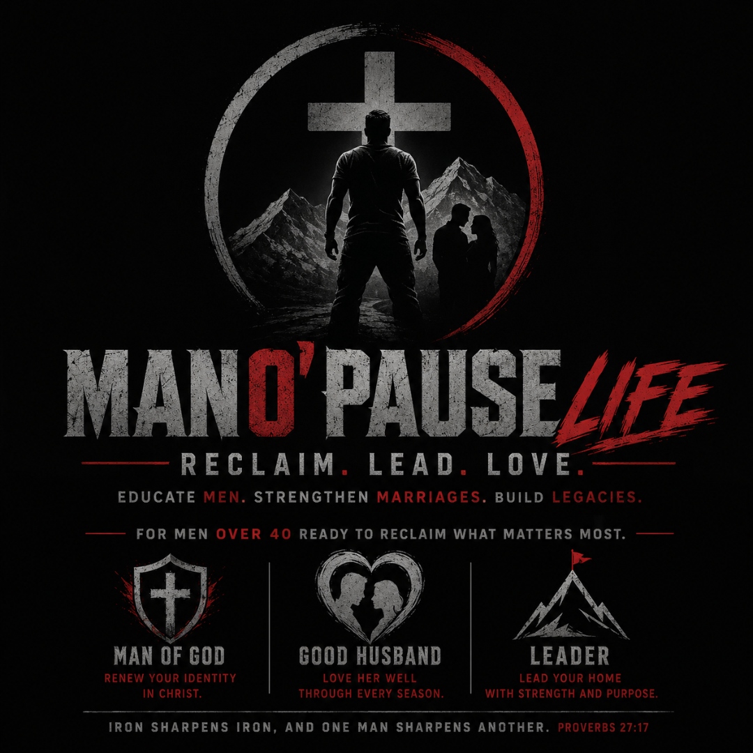 ManO'pause Life mountain, man, cross, and couple artwork